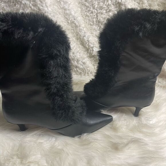 Ashro synthetic black mid calf boots  faux fur trim front zipper 3”heels SZ11W - Picture 8 of 16